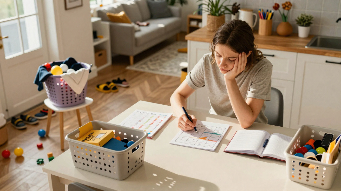 Junge Frau sitzt am Tisch in der Küche und arbeitet konzentriert an einem Arbeitsblatt mit Stift.