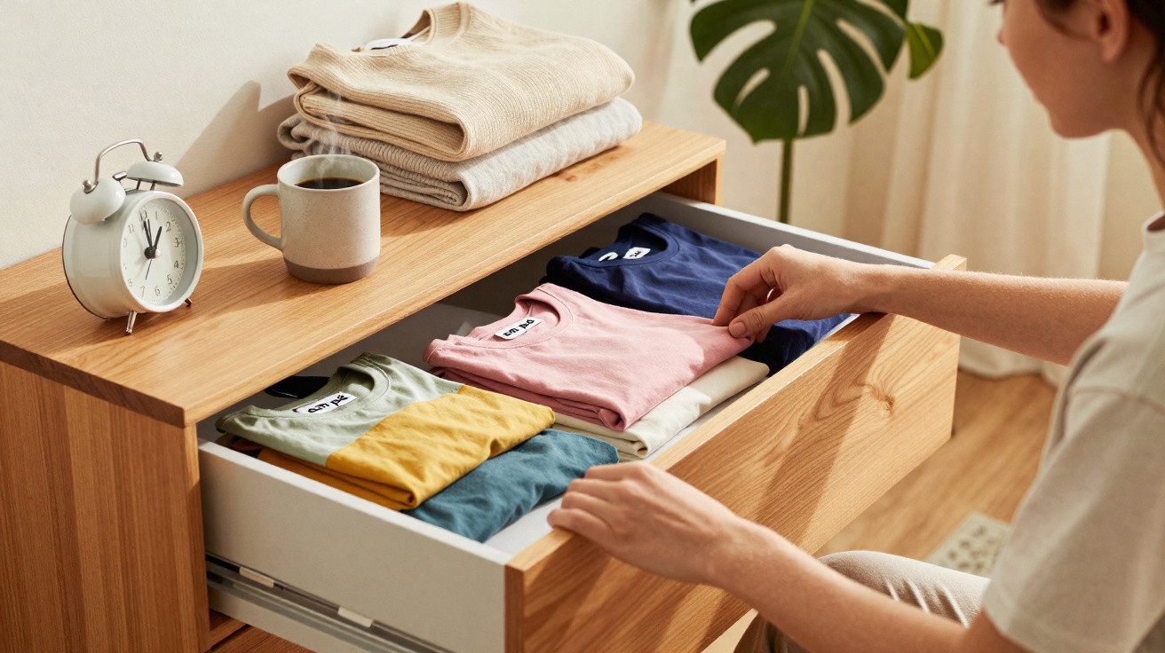 Person ordnet gefaltete T-Shirts in einer offenen Holzkommode mit Wecker und Kaffeetasse darauf.