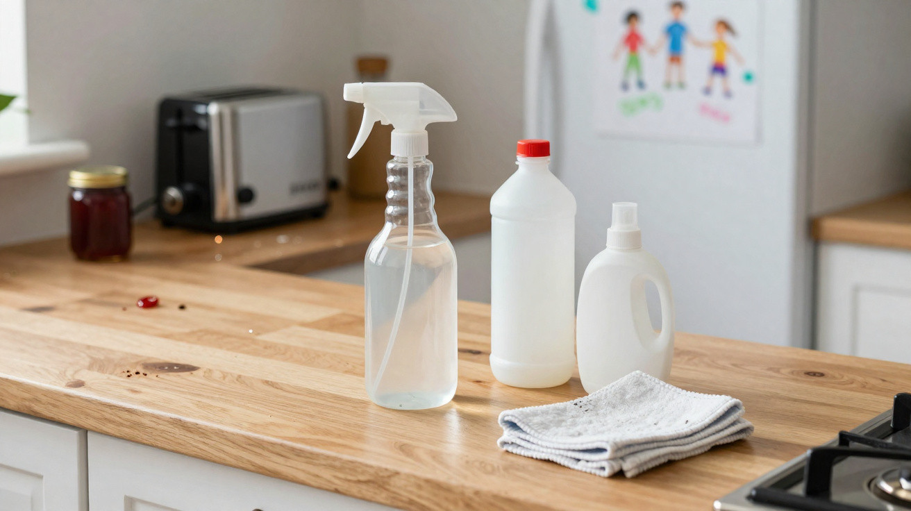 Küchenarbeitsplatte mit Sprühflasche, Reinigungsmittelflaschen und zusammengelegtem weißen Tuch.