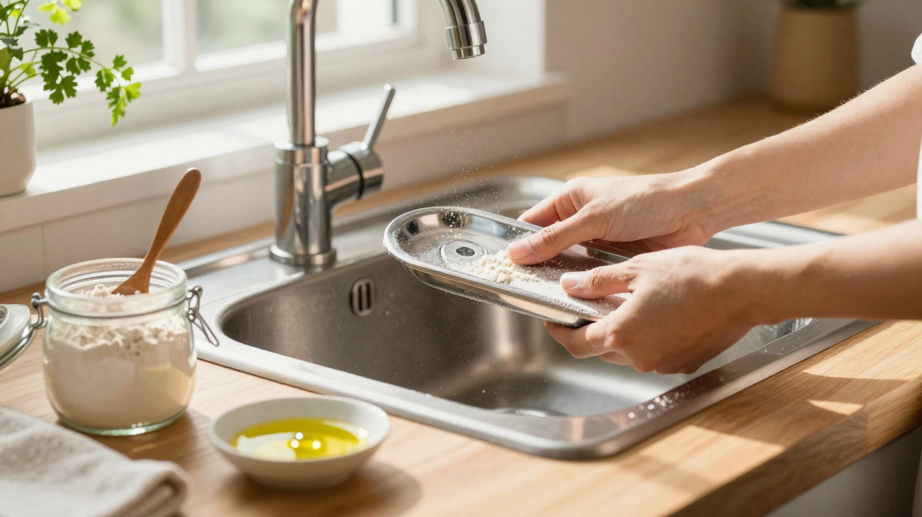 Hände reinigen ein Sieb unter Küchenwaschbecken, daneben Glas mit Mehl und kleine Schale mit Öl.