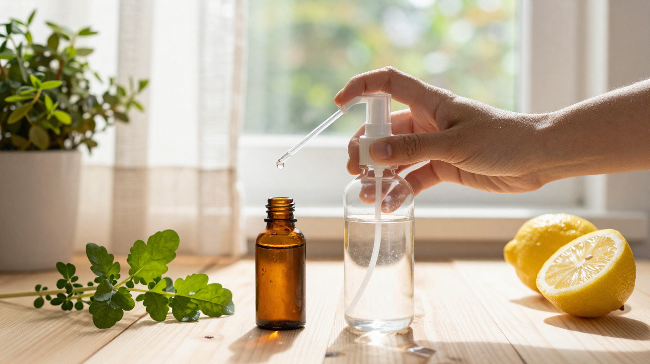 Hand hält Pipette mit Tropfen, neben Braunglasflasche, Frischpflanze und geschnittener Zitrone auf Holztisch vor Fenster.