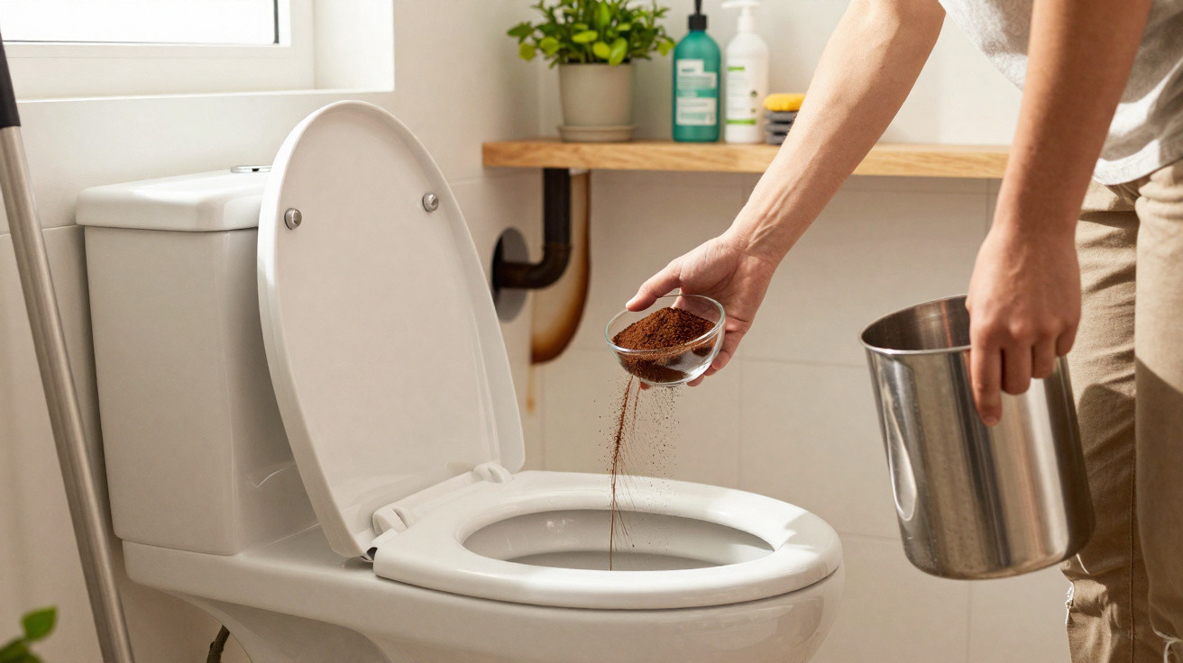 Person streut Kaffeepulver in eine geöffnete weiße Toilette in einem Badezimmer mit Pflanzen und Pflegeprodukten.