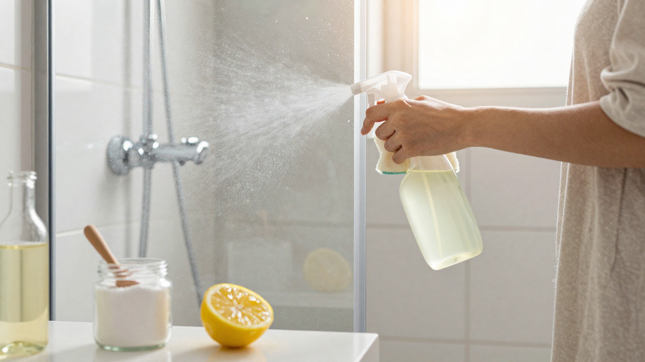 Hand sprüht selbstgemachtes Reinigungsmittel in Sprayflasche auf Duschwand, Zitrone und Zubehör am Tisch.