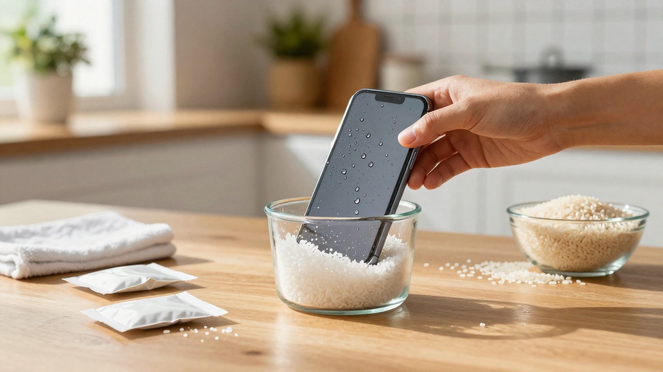 Hand taucht nasses Handy in Schale mit Reis, um Feuchtigkeit zu entfernen, auf Küchenarbeitsplatte.