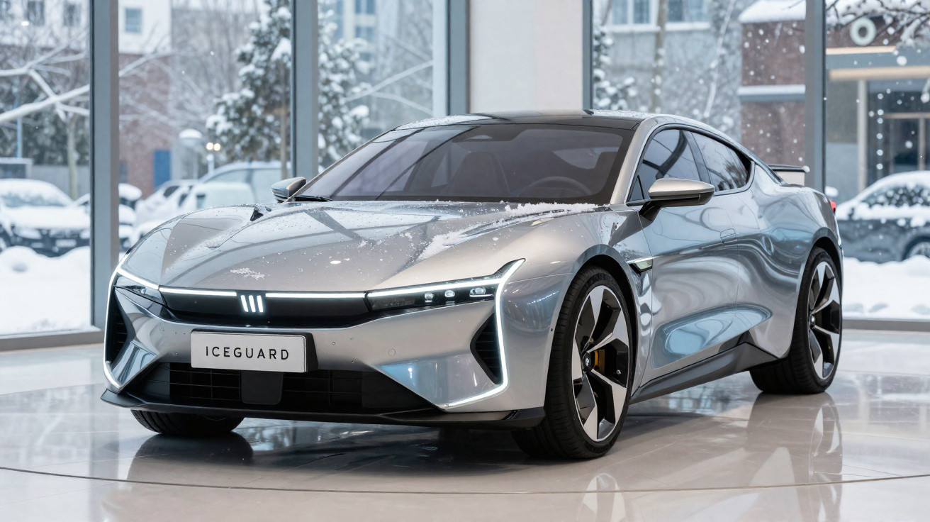 Silberner Elektro-Sportwagen ICEGUARD in modernem Showroom mit Schnee außen sichtbar.
