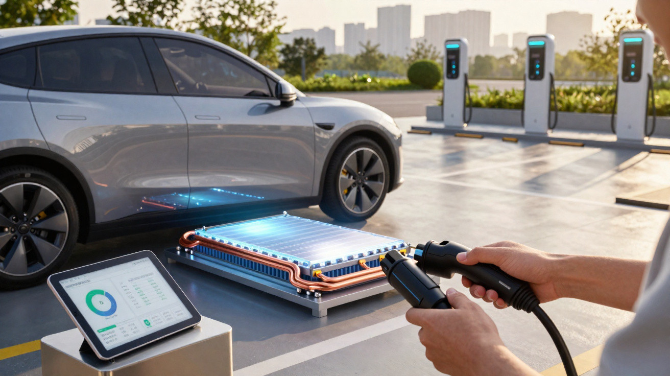 E-Auto an Ladestation, Akku und Steuerungsdisplay, Hände halten Ladekabel-Stecker am Parkplatz.