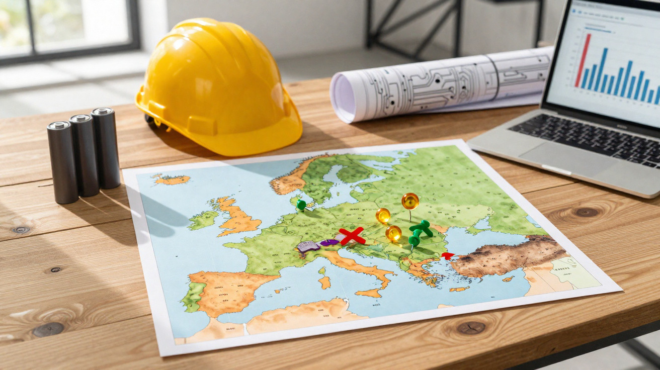 Karte Europas mit Spielsteinen und Markierungen, Bauhelm, Akkus und Laptop mit Diagrammen auf hölzernem Tisch.