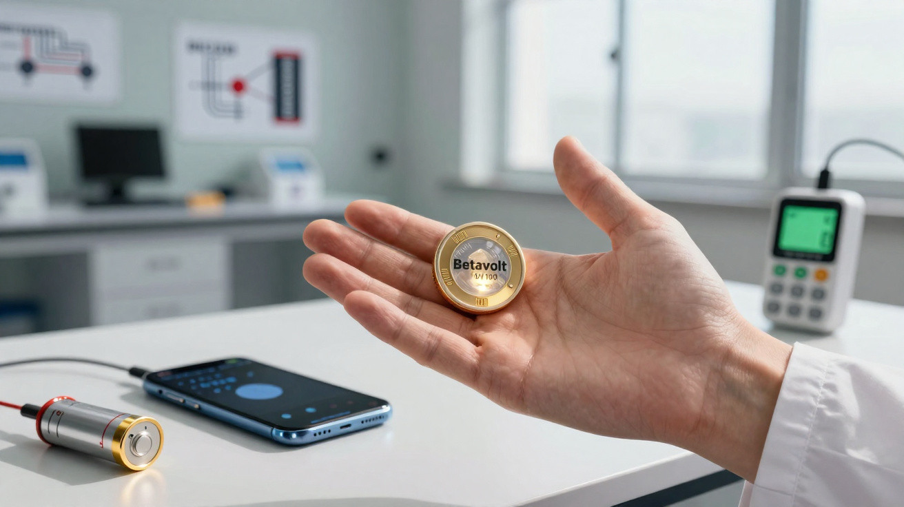 Hand hält runde goldene BetaVolt-Batterie, daneben Smartphone und Messgerät auf Labor-Arbeitstisch.