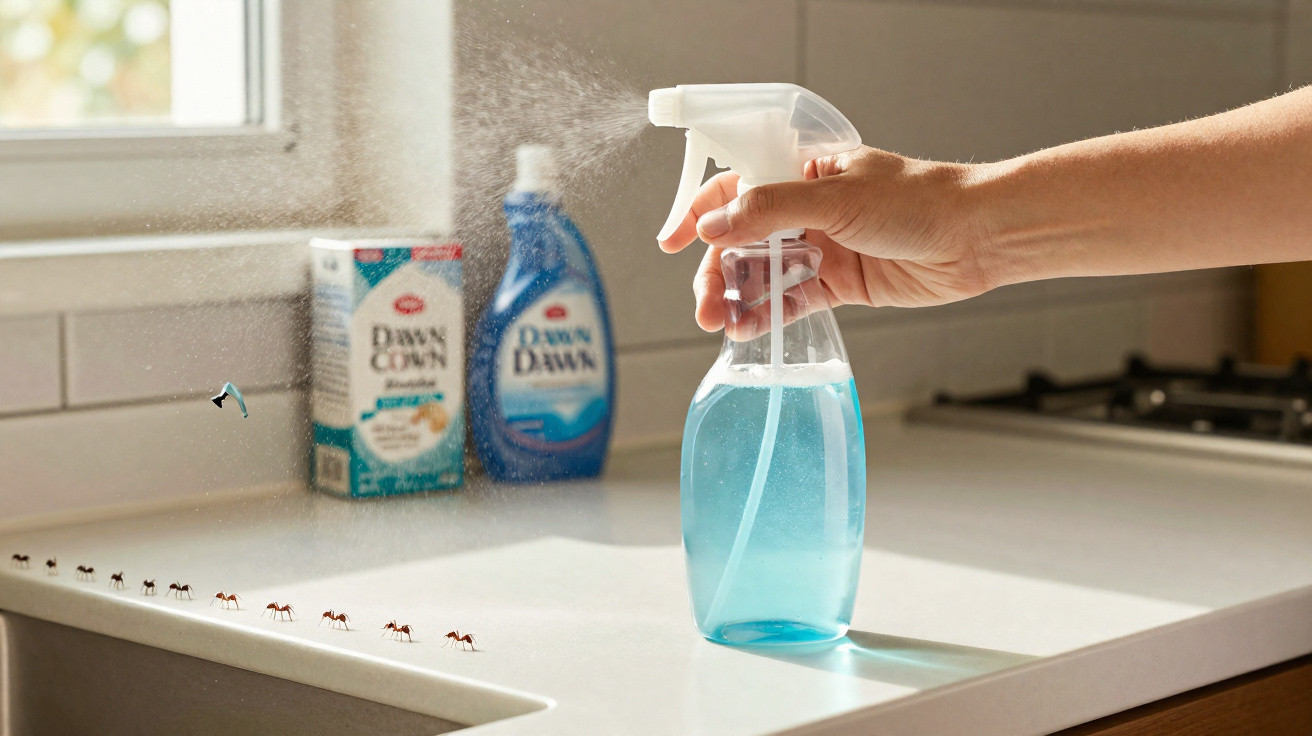 Hand sprüht blaues Reinigungsmittel auf Küchenzeile gegen Ameisenlinie am Spülbecken, Fensterlicht.
