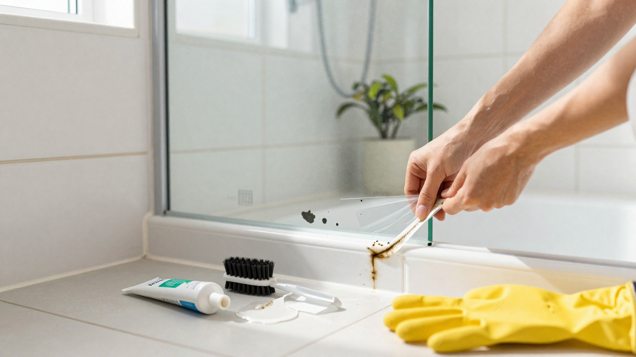 Person entfernt Schmutz und Rost mit Bürste und Reinigungsmittel von einem Spiegel im Badezimmer.