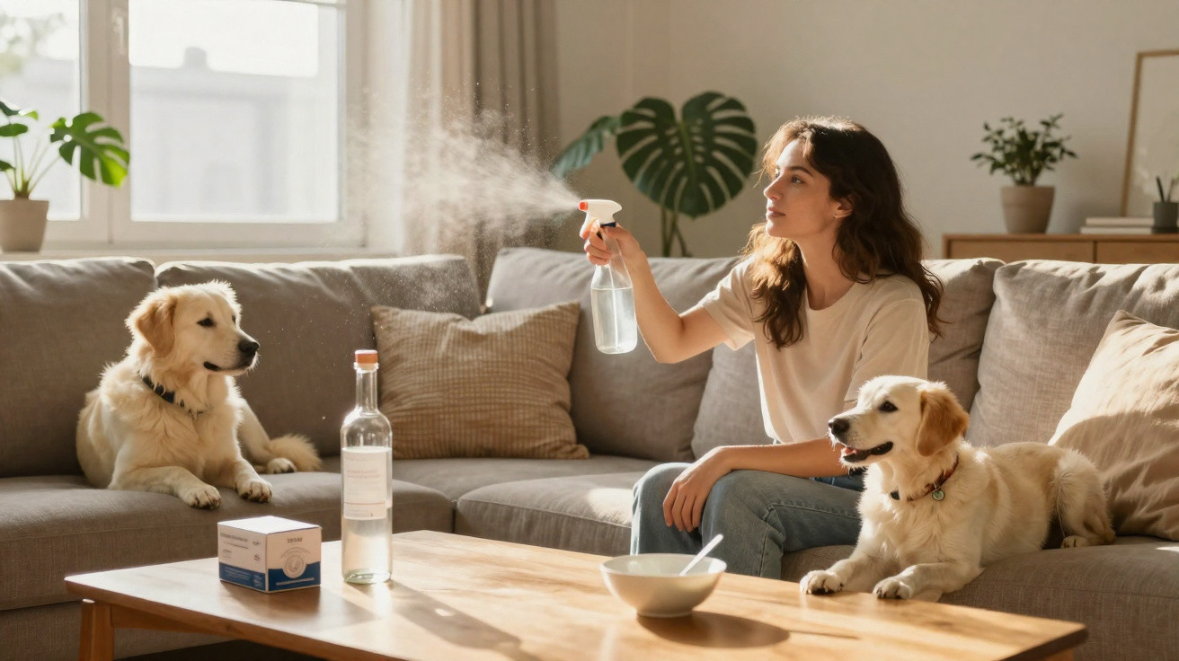 Frau sitzt mit zwei Hunden auf Sofa und sprüht Wasser aus einer Sprühflasche im hellen Wohnzimmer.