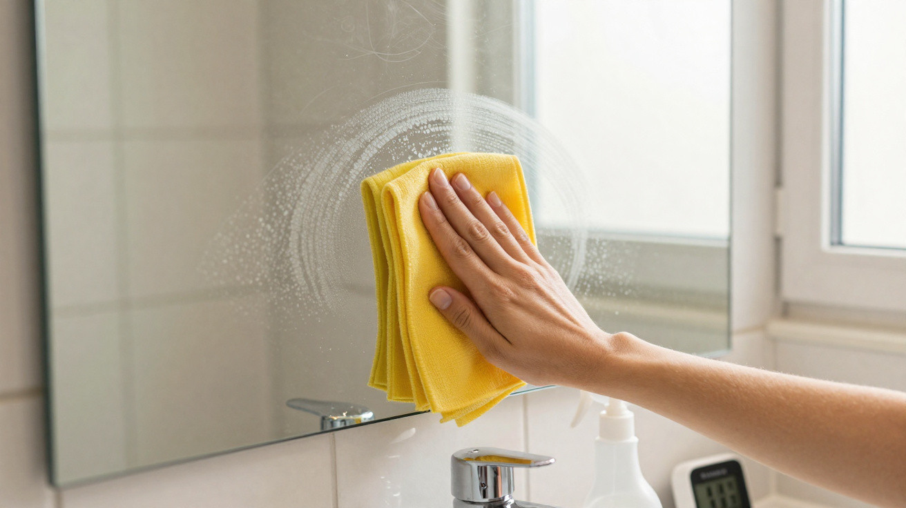 Hand wischt mit gelbem Tuch Spiegelfläche über Waschbecken im Badezimmer sauber.