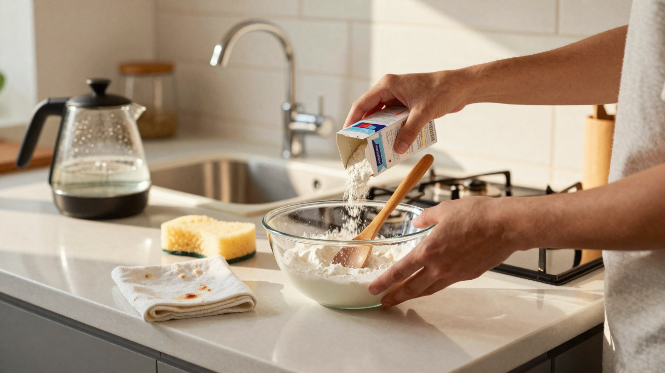 Person gießt Mehl in eine Glasschüssel in moderner Küche mit Spüle und Wasserkocher im Hintergrund.