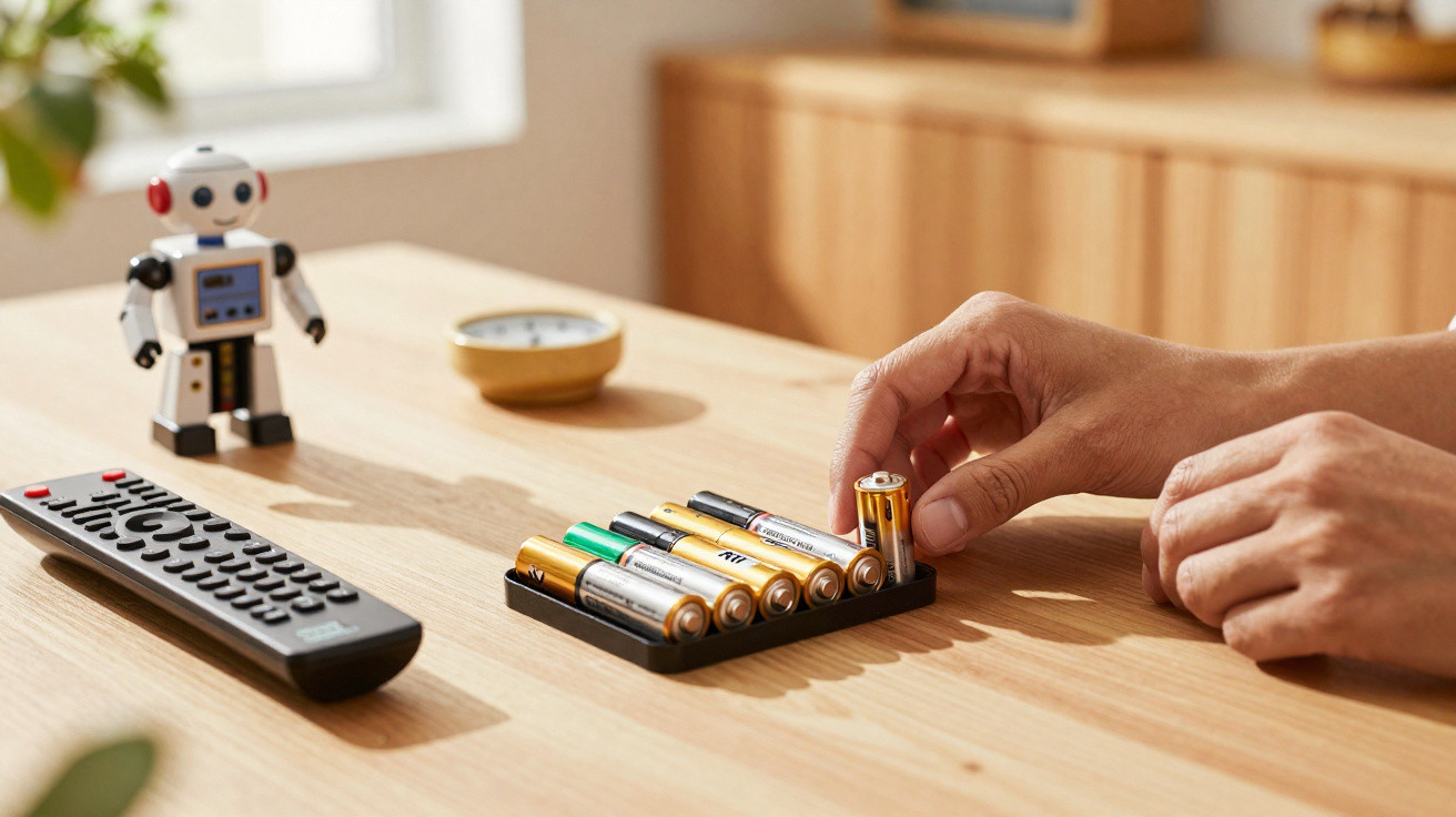 Mann sortiert AA-Batterien auf hellem Holztisch neben Fernbedienung und kleinem Spielzeugroboter.