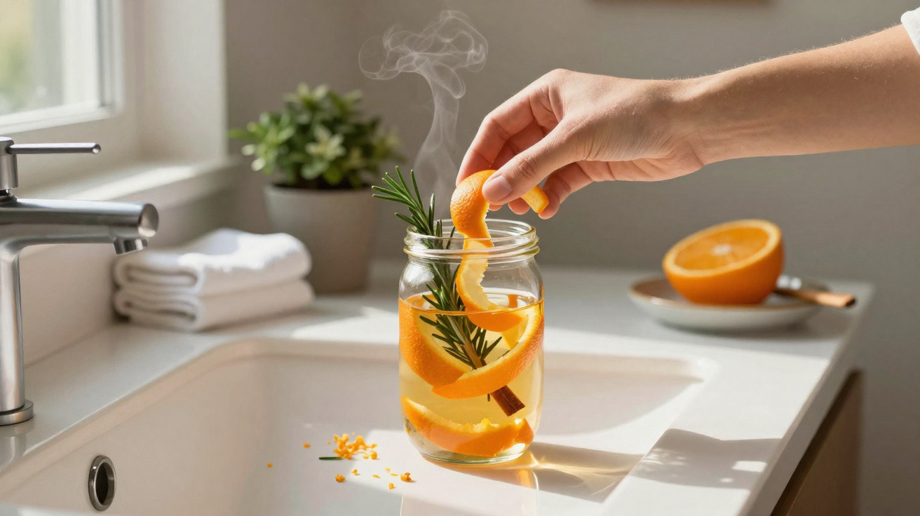 Hand legt Orangenschale in dampfendes Wasser mit Rosmarin und Zimt in Glas am Waschbecken ab.