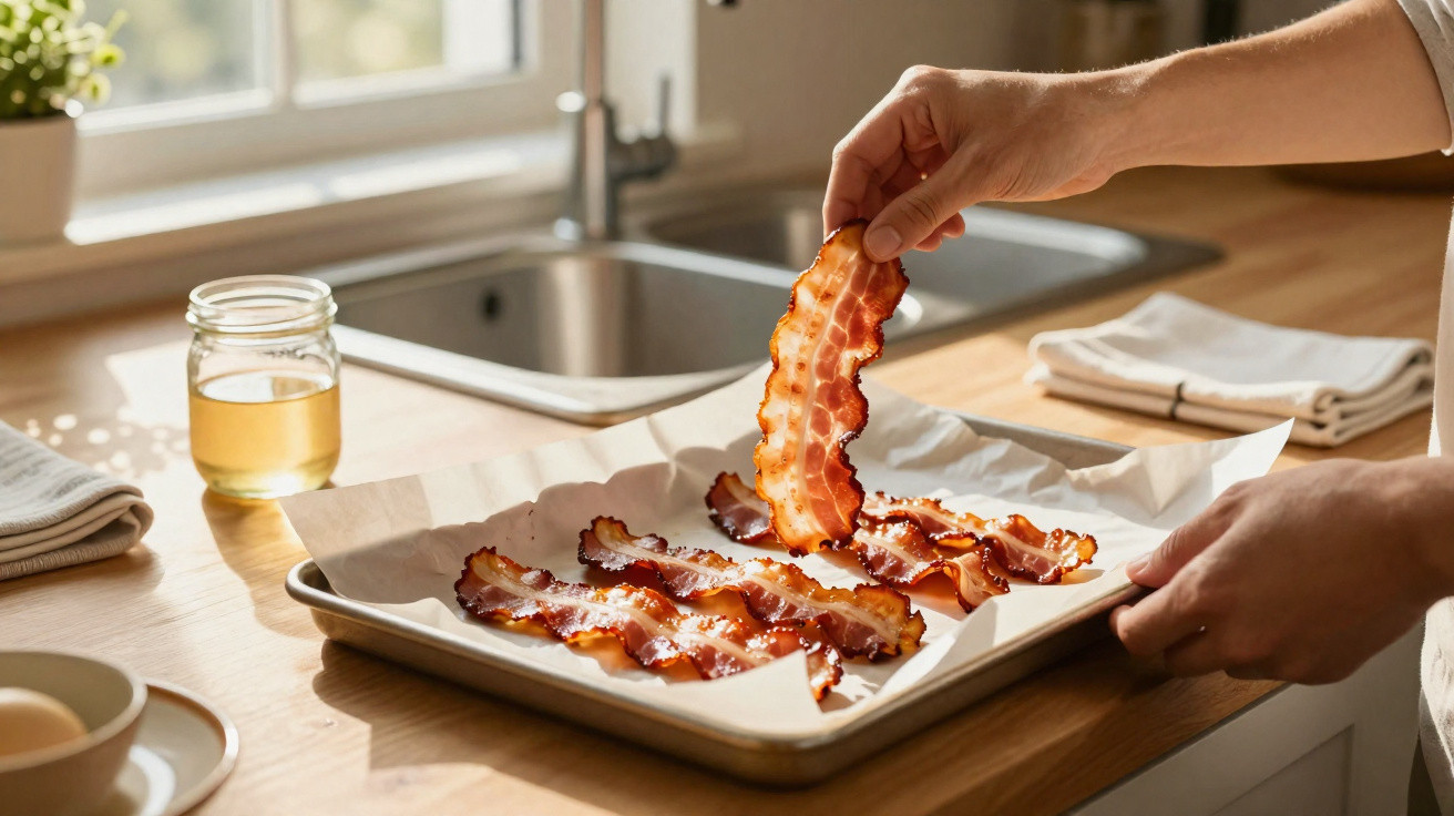 Jemand hebt knusprigen Bacon von einem Backblech in einer hellen Küche mit natürlichem Licht.