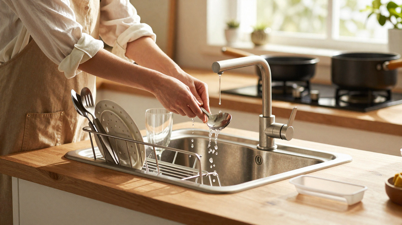 Person spült Löffel unter laufendem Wasser in moderner Küchenspüle mit Geschirrabtropfgestell