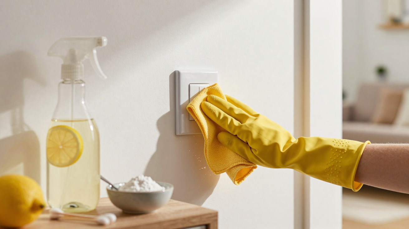 Hand mit gelbem Handschuh reinigt Lichtschalter mit gelbem Tuch, Reinigungsspray und Zitrone im Hintergrund.