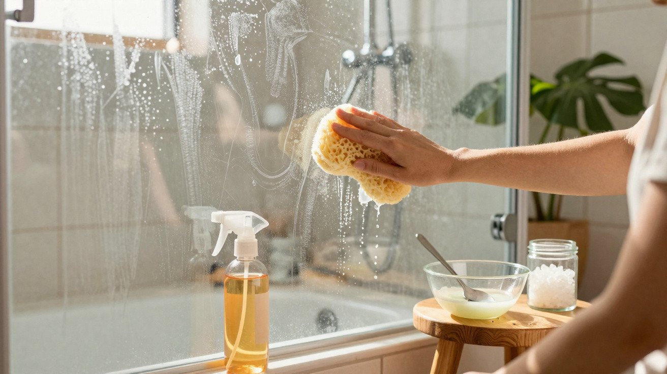 Hand wischt mit Schwamm eine beschlagene Duschwand bei Sonnenlicht in modernem Badezimmer ab.