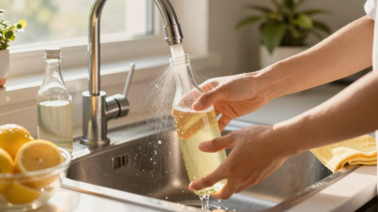 Person füllt Glasflasche mit Wasser am Küchenwaschbecken, daneben Schüssel mit Zitronen und eine weitere Flasche.