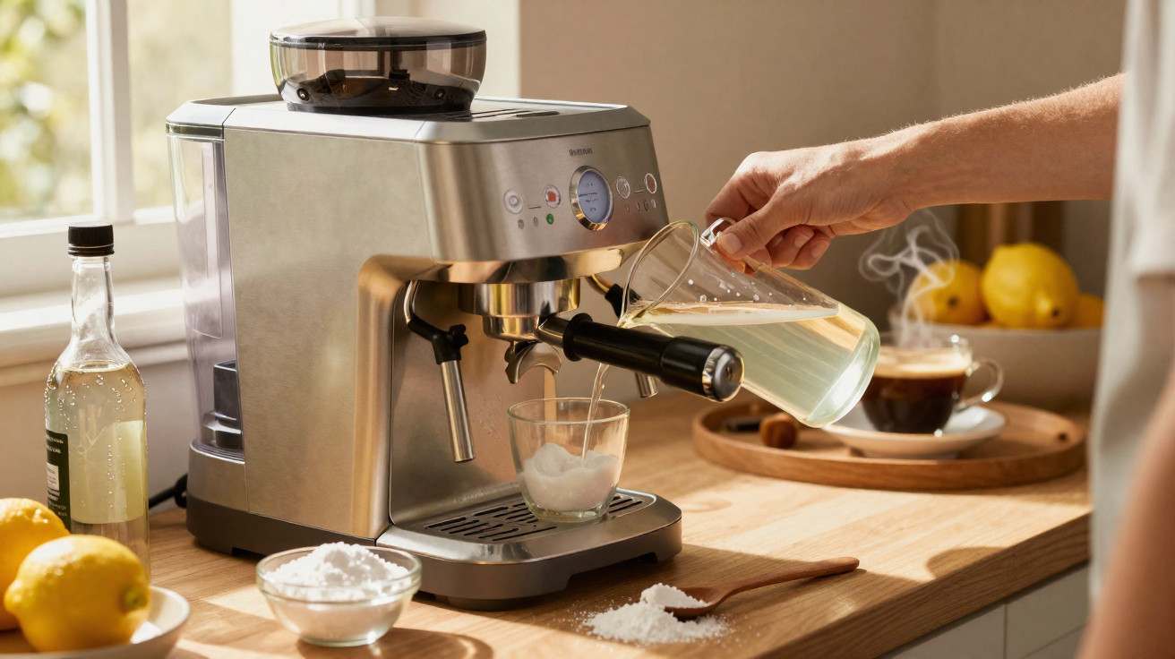 Espressomaschine auf der Arbeitsplatte, Hand gießt Wasser hinein, Zitronen und Zutaten in der Küche sichtbar.