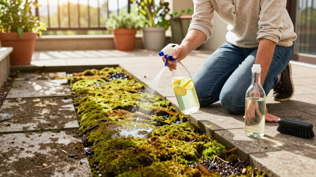 Person sprüht Wasser mit Zitronenscheiben auf Moos im Garten auf Steinpflasterfläche bei Sonnenschein.