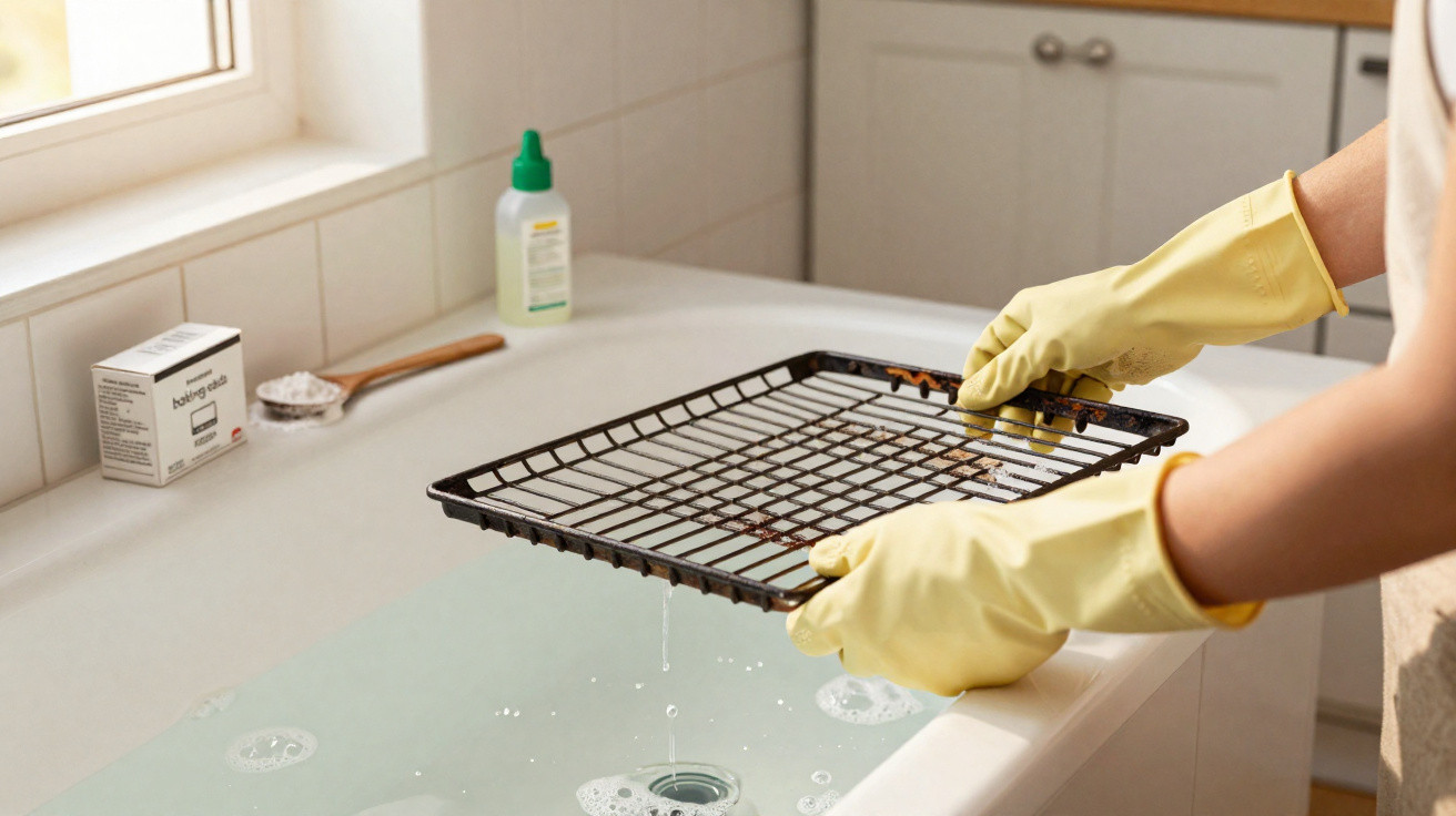 Person mit gelben Handschuhen reinigt Rostgitter über gefüllter Badewanne mit Wasser und Backpulver.