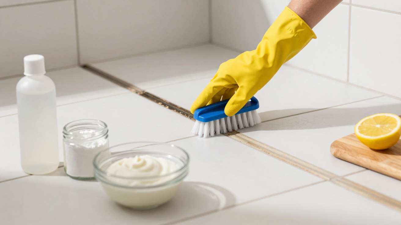 Hand mit gelbem Handschuh schrubbt schmutzige Fliesenfugen, mit Naturreinigern wie Zitrone, Essig und Natron.