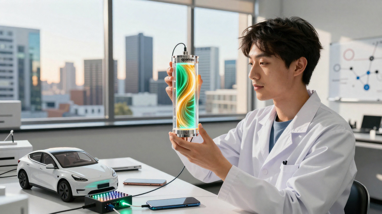 Wissenschaftler im Labor hält transparentes Gerät mit farbigen Wellen, Modellauto und Technik auf Tisch sichtbar.