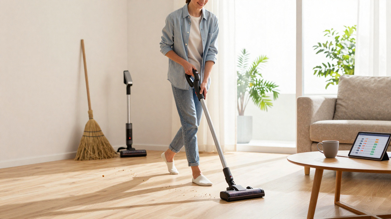 Frau saugt mit kabellosem Staubsauger auf hellem Holzboden, neben Sofa und Kaffetisch mit Tablet.