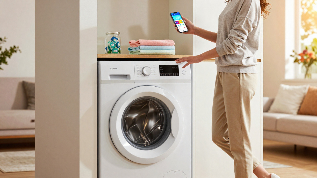 Frau bedient moderne Frontlader-Waschmaschine mit Smartphone in hellem Wohnzimmer, gefaltete Handtücher liegen oben.