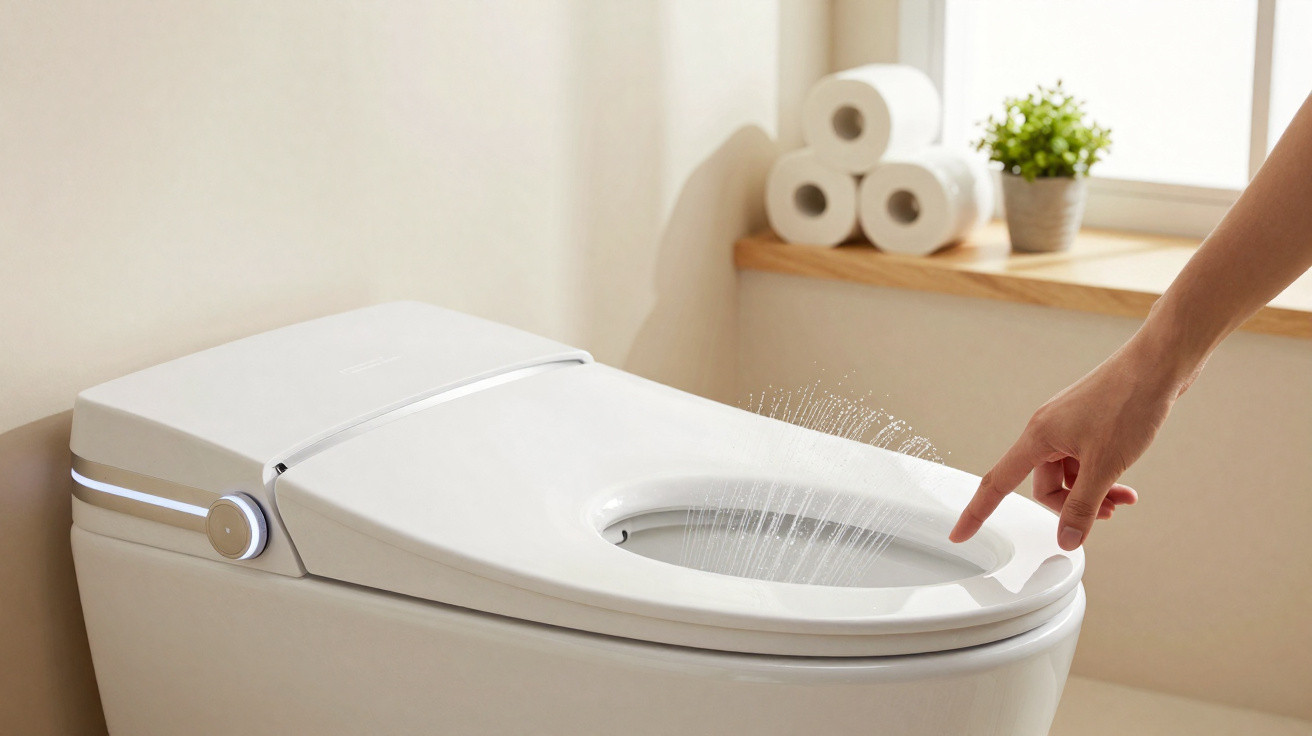 Hand berührt Toilettensitz mit Wasserstrahl in modernem Badezimmer mit Klopapierrollen auf Fensterbank.
