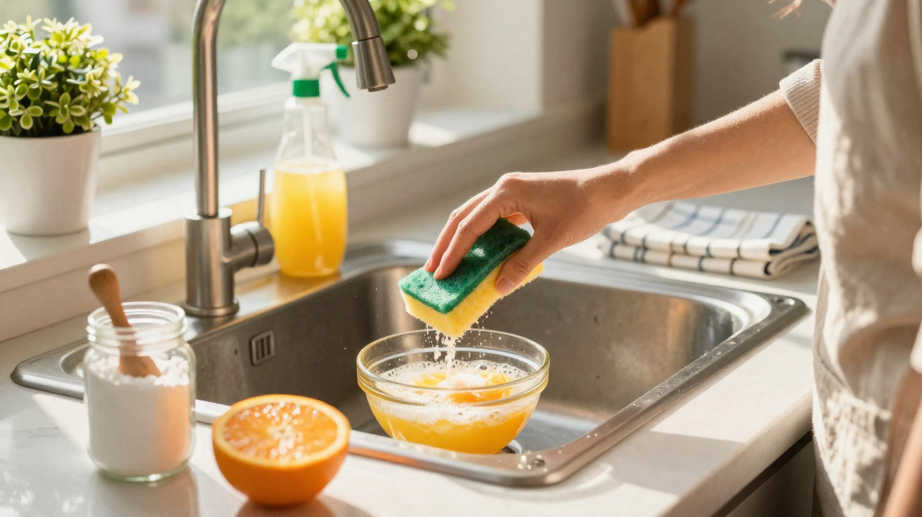 Hand drückt Schwamm über Glasschüssel mit Orangenflüssigkeit in Spüle, Küchenfenster im Hintergrund.