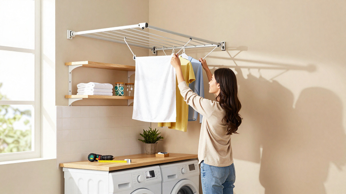 Frau hängt Wäsche an eine ausziehbare Wand-Wäschetrocknung über Waschmaschine in hellem Raum.
