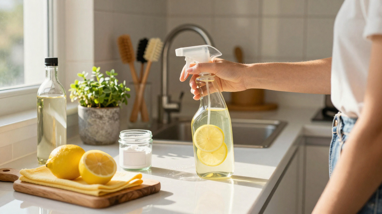 Hand sprüht hausgemachtes Zitronenreinigungsmittel in transparenter Sprühflasche auf helle Küchenarbeitsplatte.
