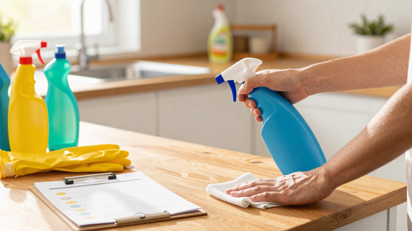 Hand reinigt mit blauem Sprühflasche und Tuch eine Holzarbeitsplatte in der Küche, Reinigungsmittel und Handschuhe daneben.
