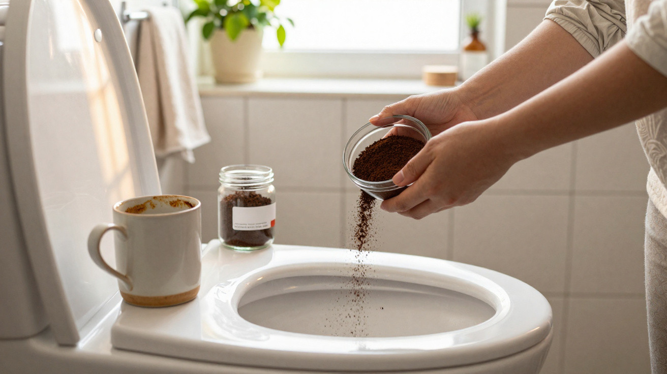 Person gibt Kaffeepulver in Toilette, daneben Kaffeetasse und Glas mit Kaffeepulver in hellem Badezimmer.