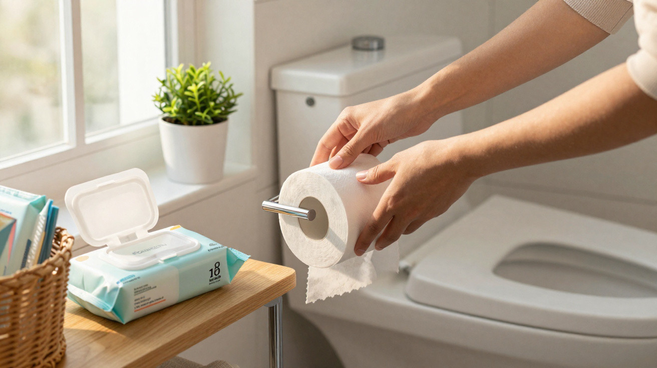 Hände hängen eine neue Toilettenpapierrolle in einem hellen Badezimmer mit Pflanzen und Feuchttüchern auf.