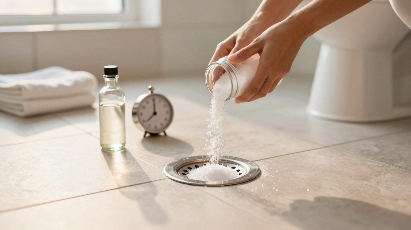 Hand schüttet Backpulver in einen Abfluss, Flasche mit Flüssigkeit und Wecker daneben auf Badezimmerfliesen.