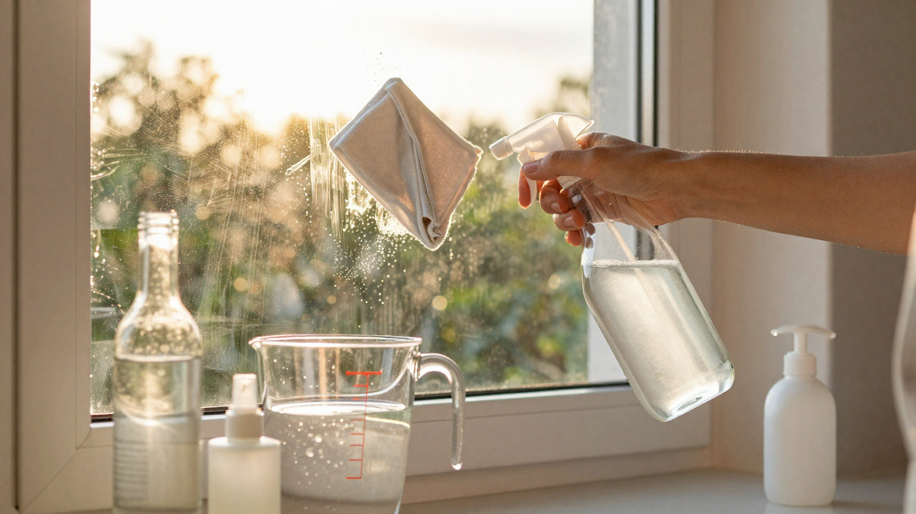 Hand sprüht Glasreiniger auf Fenster, daneben Messbecher und Flaschen auf Fensterbank im Sonnenlicht.
