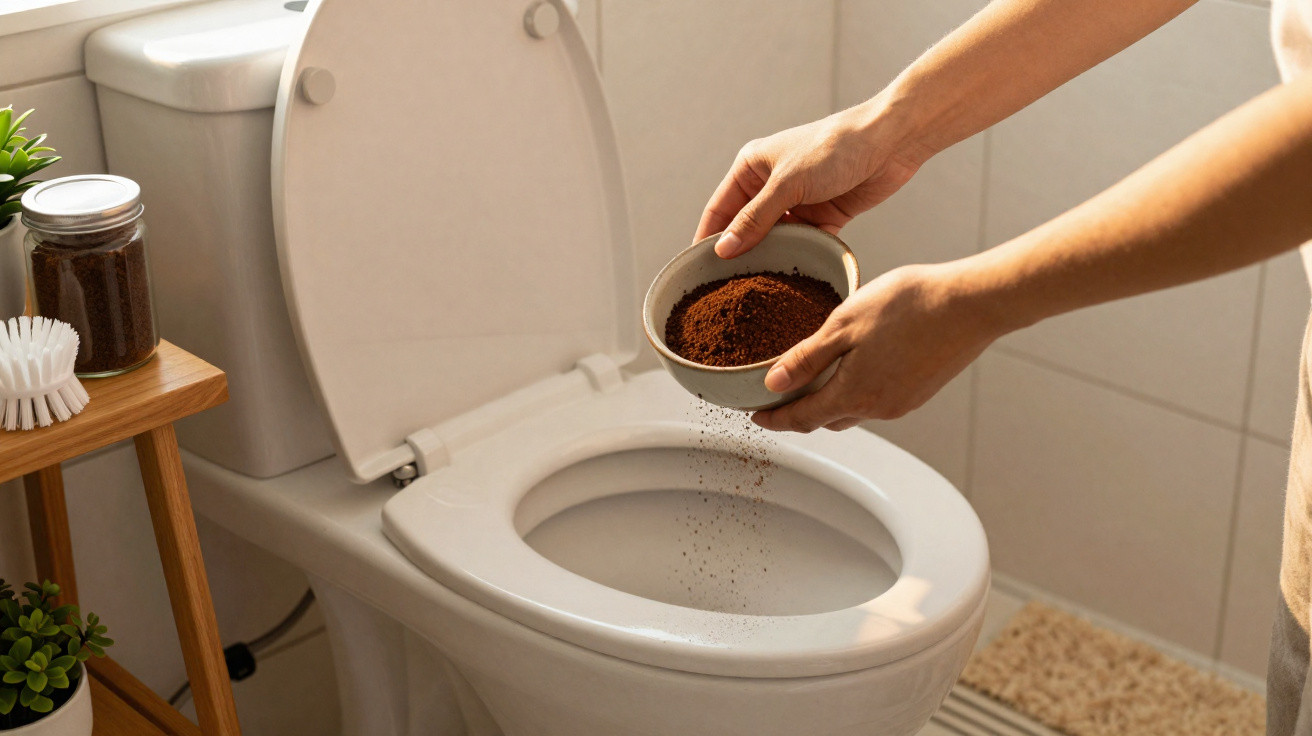 Person schüttet Kaffeepulver in eine weiße Toilette in einem hellen Badezimmer.