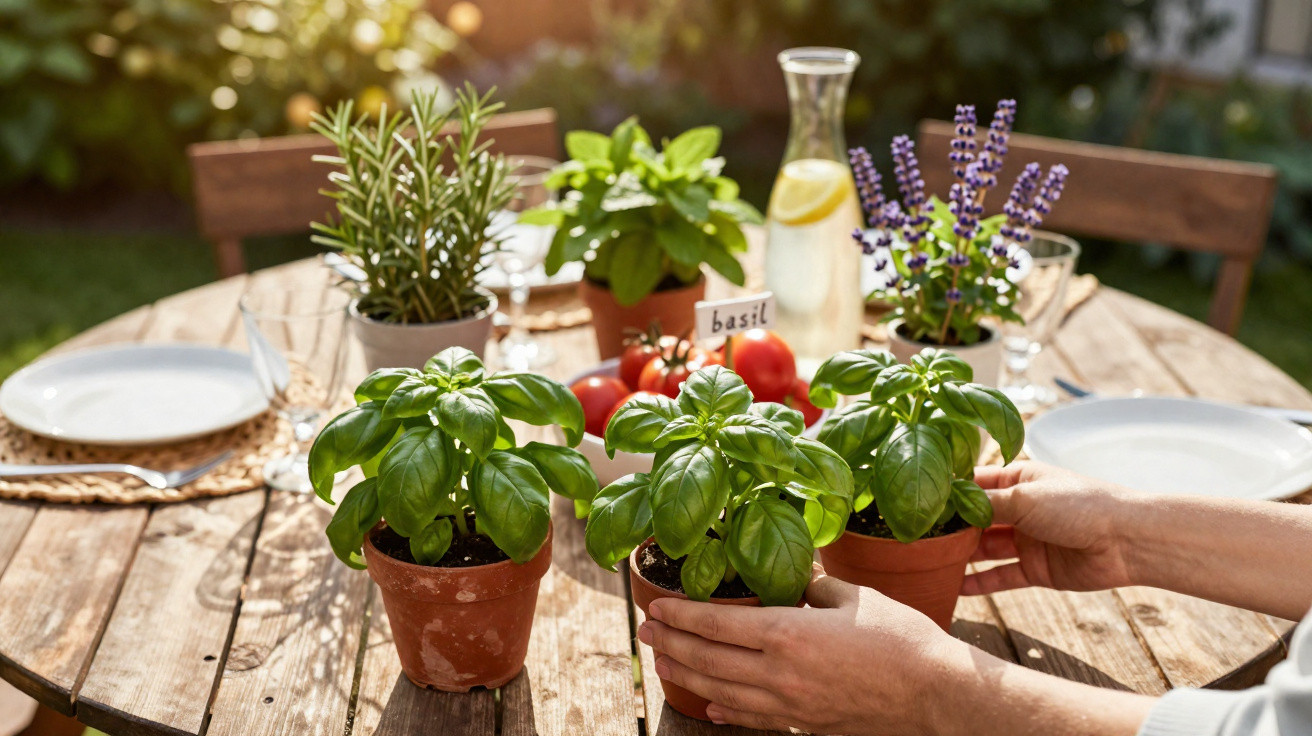 Runder Holztisch mit Kräutertöpfen, Tomaten, Glas Wasser mit Zitrone und zwei gedeckten Tellern im Garten.