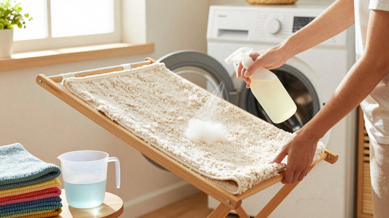 Person sprüht Fleckenentferner auf einen Teppich, Wäschestapel und Waschmaschine im Hintergrund sichtbar.
