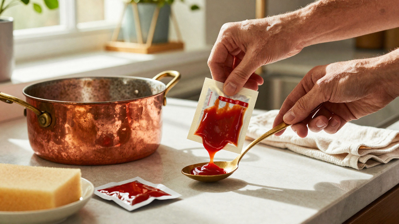 Hände, die Ketchup aus einem Beutel in einen goldfarbenen Löffel über einer Küchenarbeitsfläche mit Kupfertopf geben.
