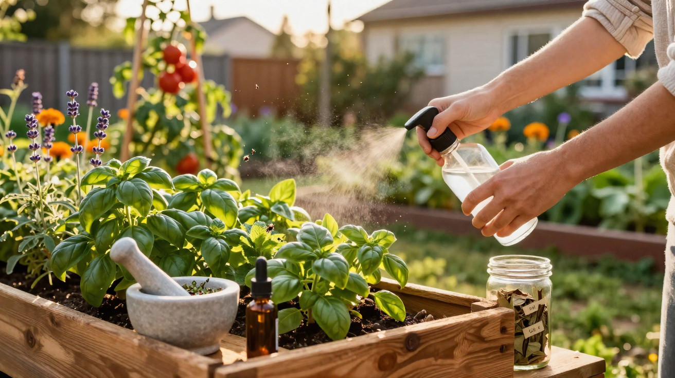 Person sprüht Kräutergarten mit Pflanzenstärkungsmittel auf einem Hochbeet im Garten.