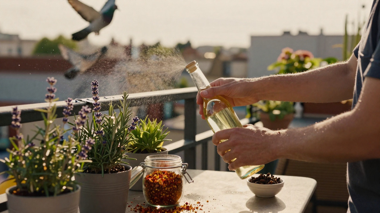 Person besprüht Pflanzen auf Balkon mit Wasser aus Glasflasche bei Sonnenuntergang, Vögel im Hintergrund.