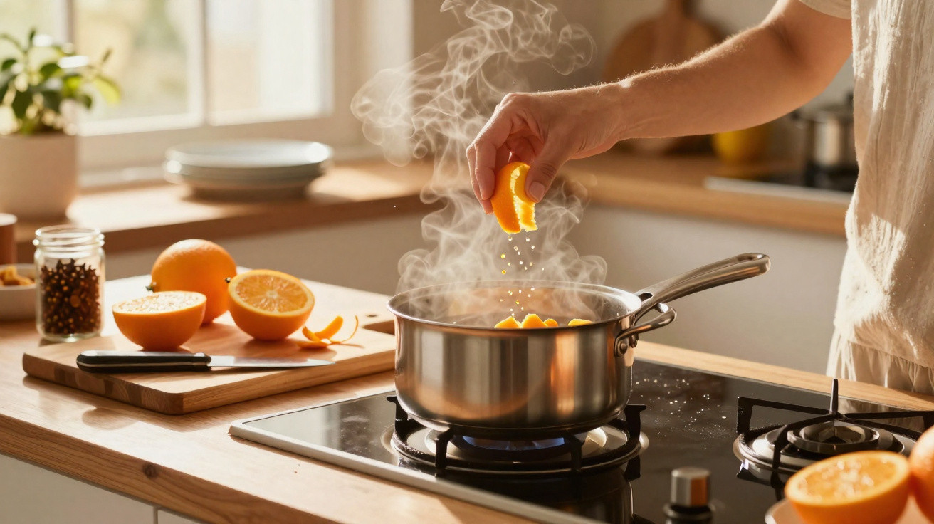 Hand presst Orangenscheibe über dampfendem Topf auf Herd in heller Küche.