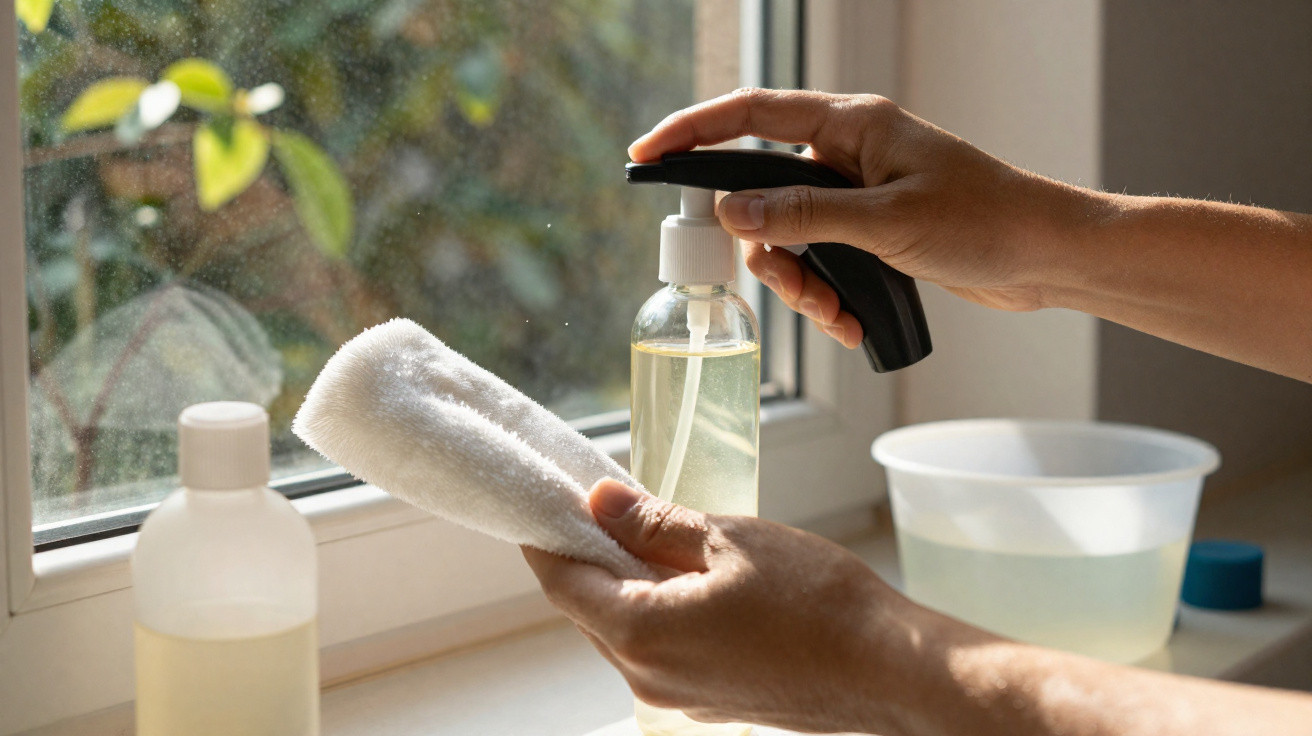 Person sprüht Reinigungsmittel auf ein Tuch zum Fensterputzen, im Hintergrund Reinigungsflaschen und Schüssel.