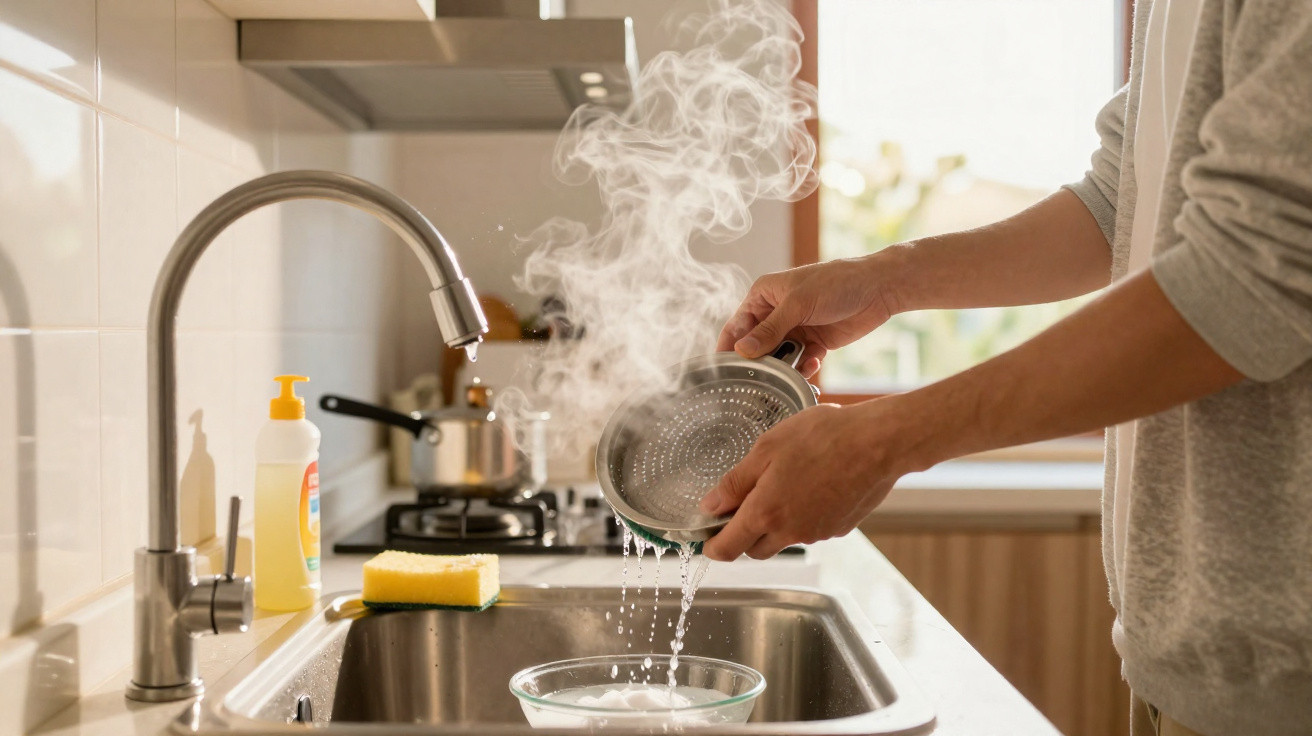 Dampfendes Wasser wird durch ein Sieb in einer modernen Küche in die Spüle gegossen.