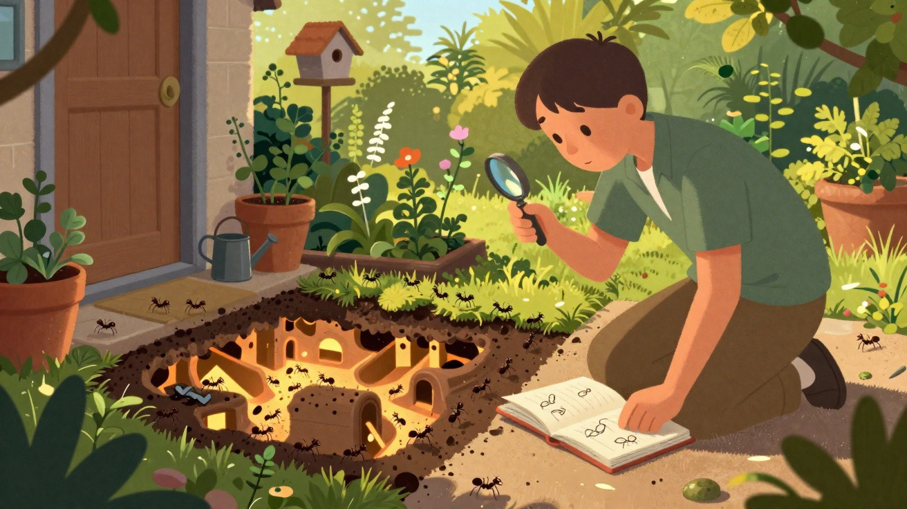 Junge untersucht mit Lupe ein Ameisenhaus im Garten, neben ihm liegt ein Notizbuch mit Skizzen.